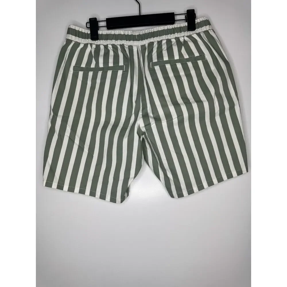 Asos Pull On Shorts Mens 34 Green Striped Drawstring Stretch Elastic Waist 8”